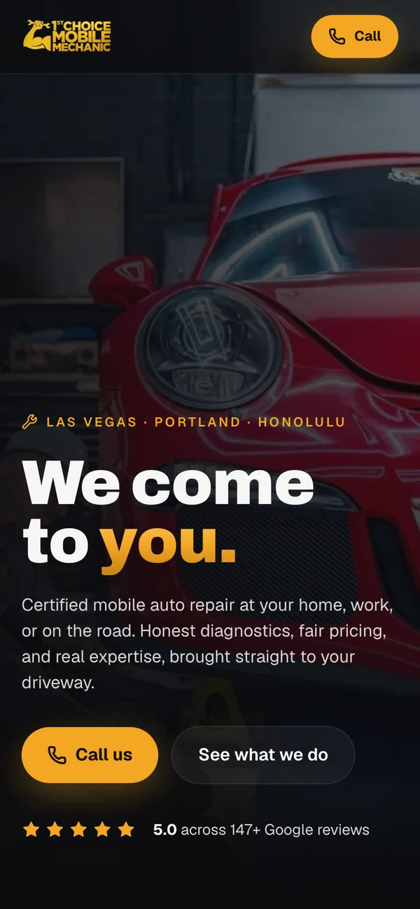 1st Choice Mobile Mechanic website shown on a phone, designed and built by Delvixo