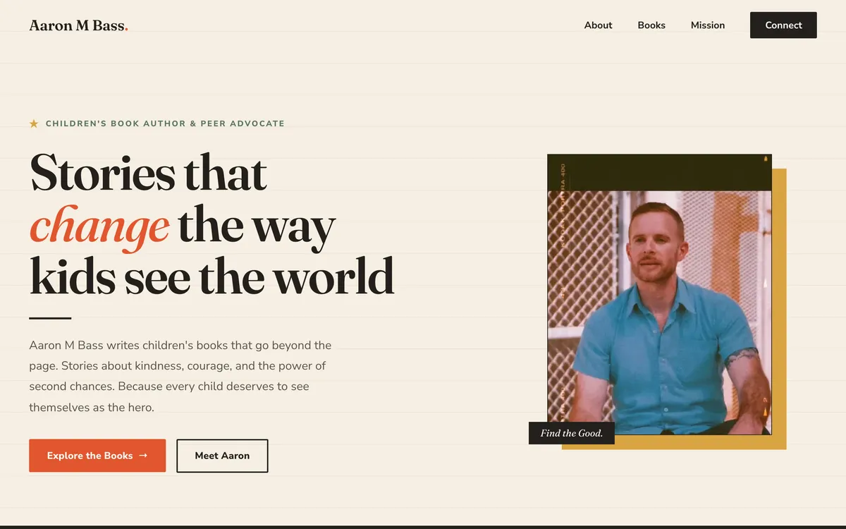 Homepage of aaronmbass.com, a children's book author website designed by Delvixo with a cream editorial layout and serif headline.