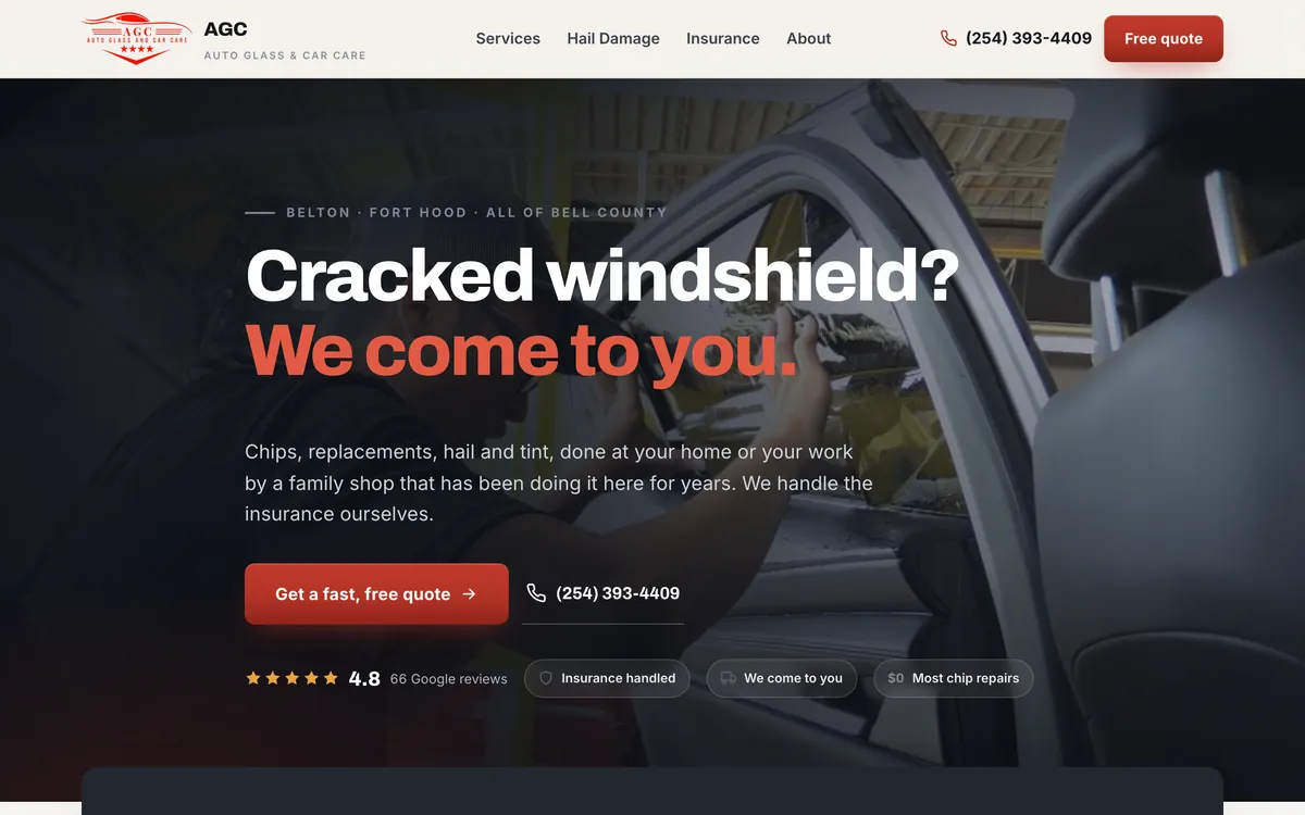 Homepage of agccarcare.com, a Belton, Texas auto glass and hail repair website built by Delvixo, with a cream and red brand, a windshield installation hero photo, and a cracked windshield headline.