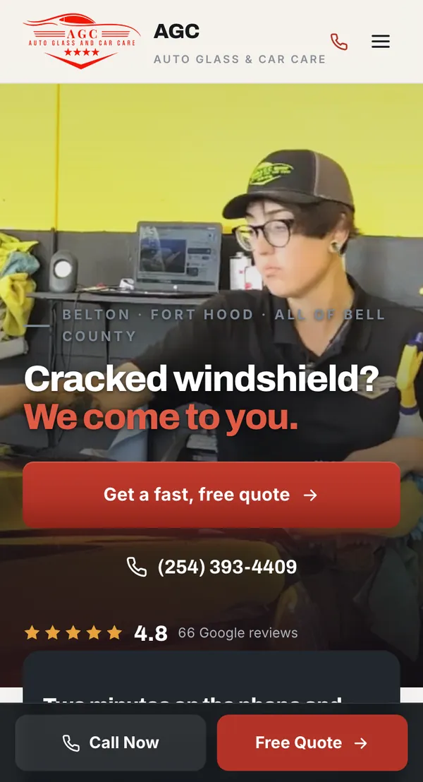 AGC Auto Glass & Car Care website shown on a phone, designed and built by Delvixo
