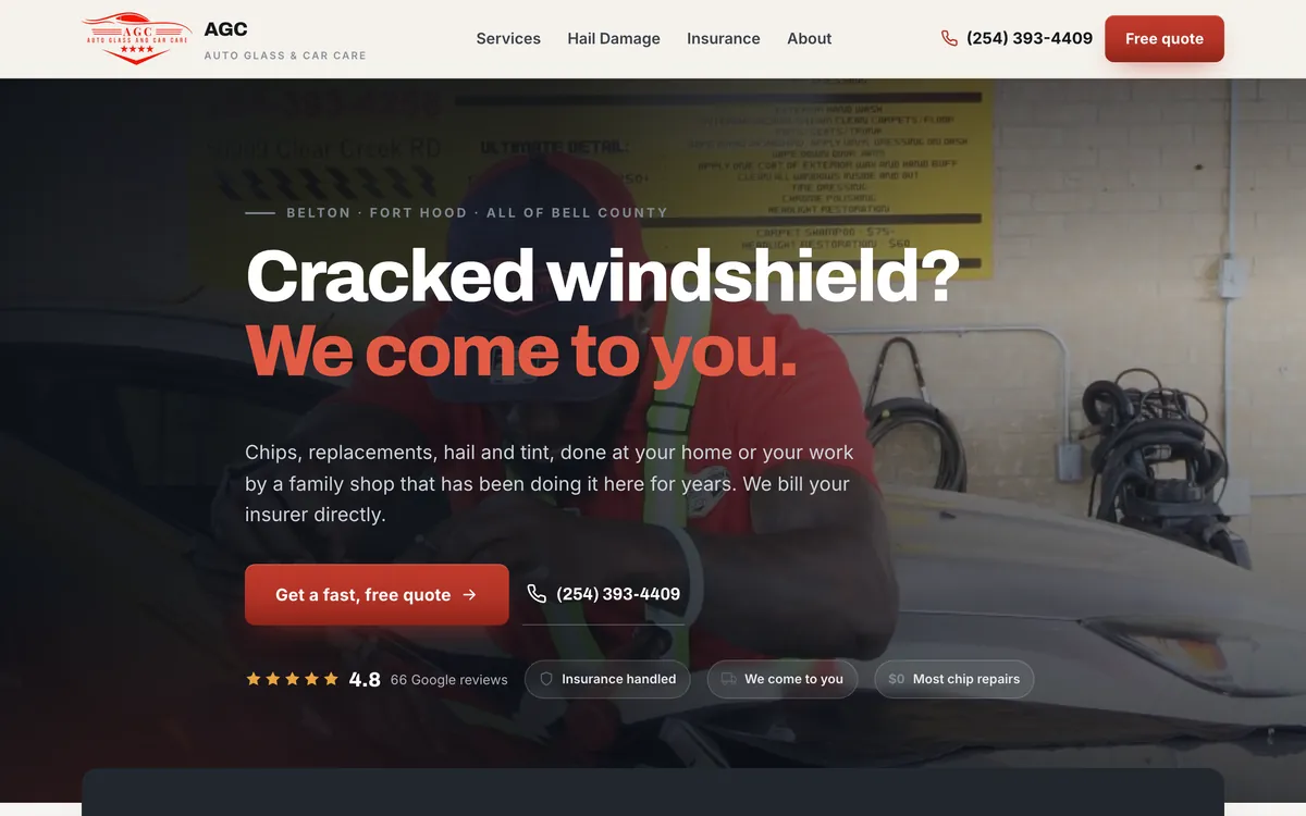Auto glass & hail repair website on a desktop, designed and built by Delvixo
