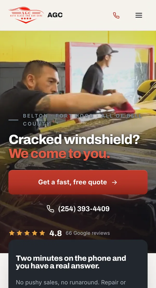 Auto glass & hail repair website on a phone