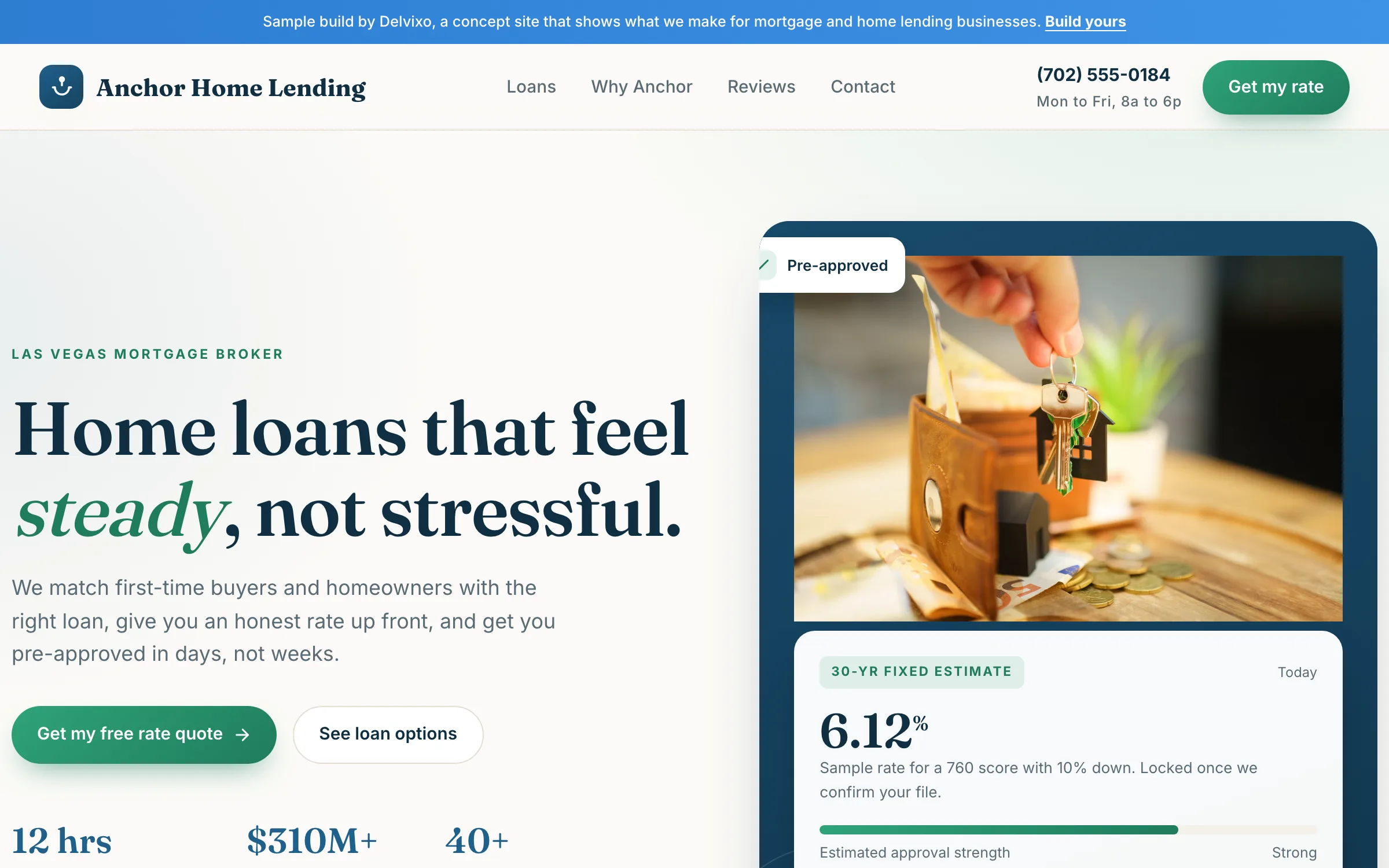 Sample mortgage broker website in calm blue and green with a rate-quote card and a free rate quote call to action.