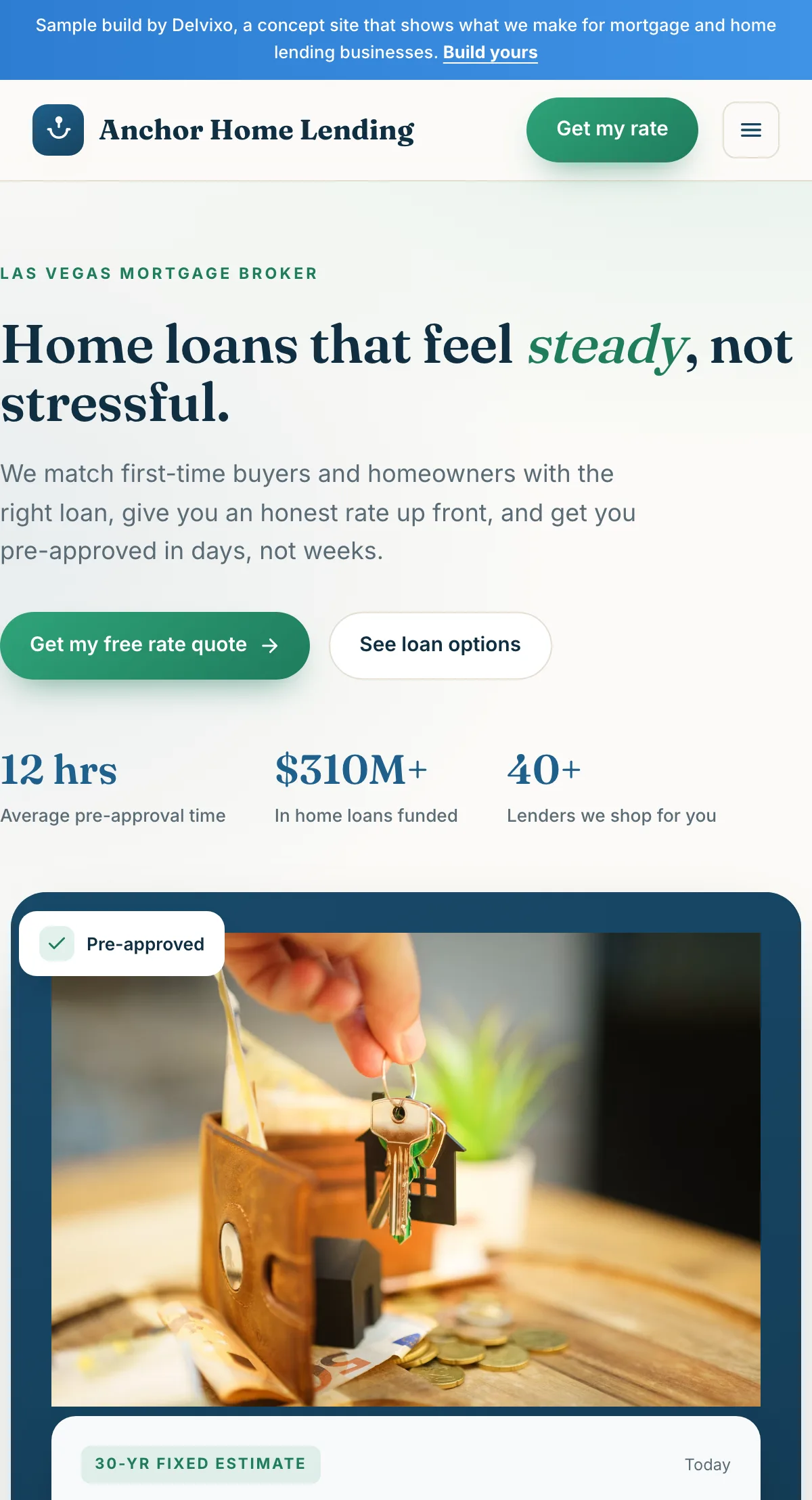 Anchor Home Lending website shown on a phone, designed and built by Delvixo