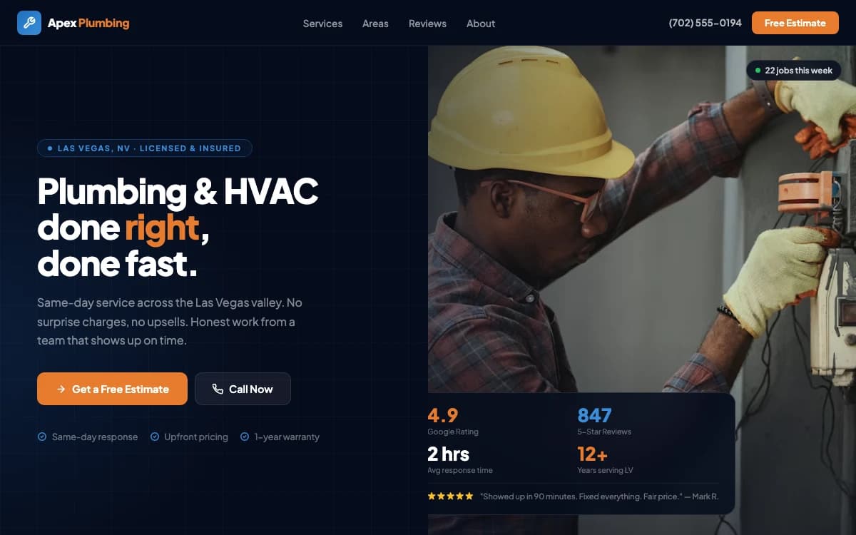 Demo website for a Las Vegas plumbing and HVAC company designed by Delvixo with a dark navy layout and orange accent CTAs.