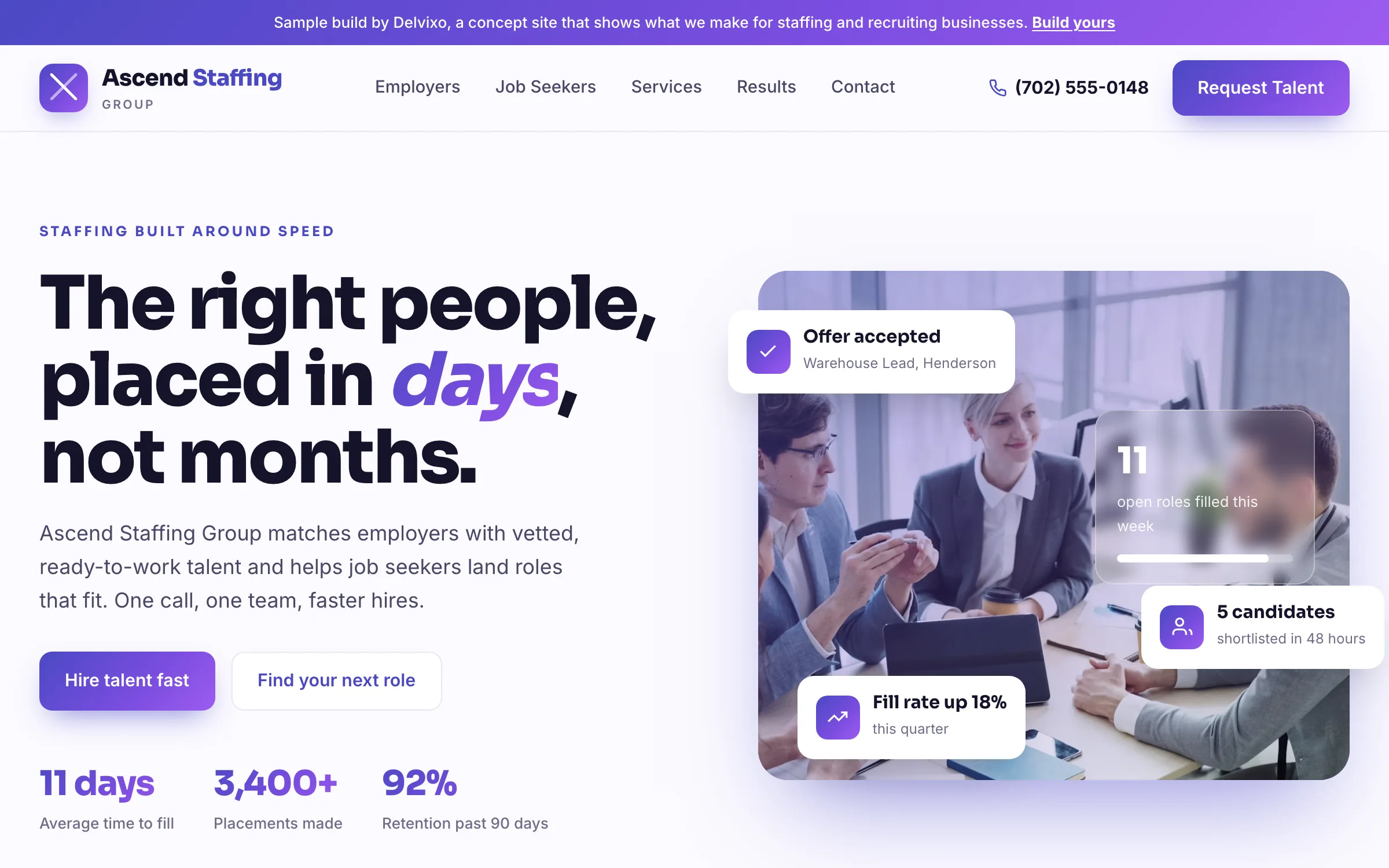 Sample staffing agency website with an indigo to violet gradient hero, placement chips, and dual employer and job-seeker flows.