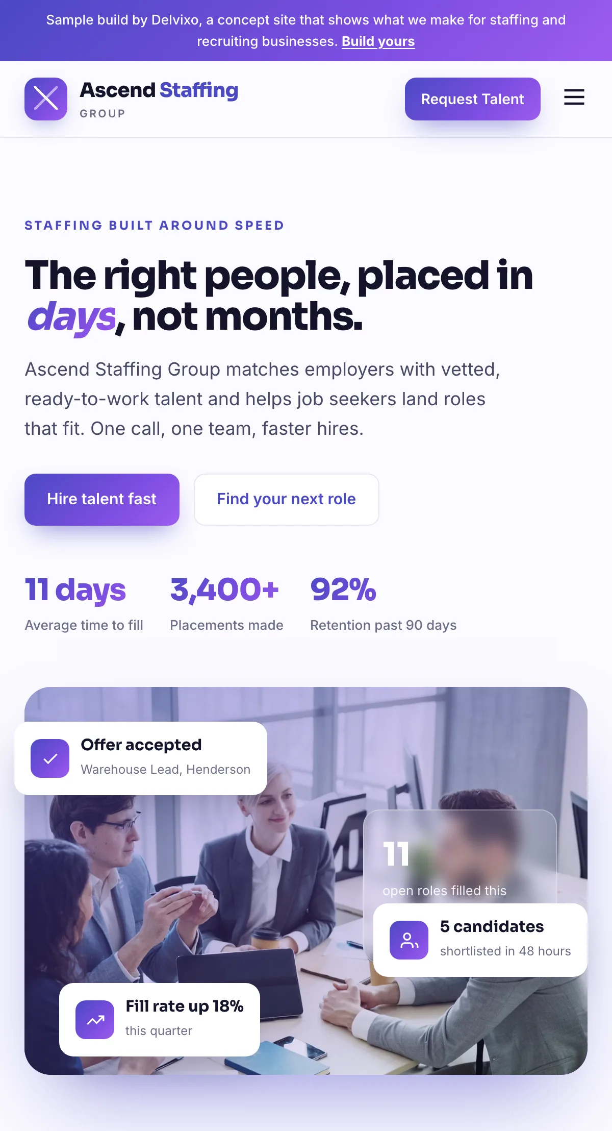 Ascend Staffing Group website shown on a phone, designed and built by Delvixo