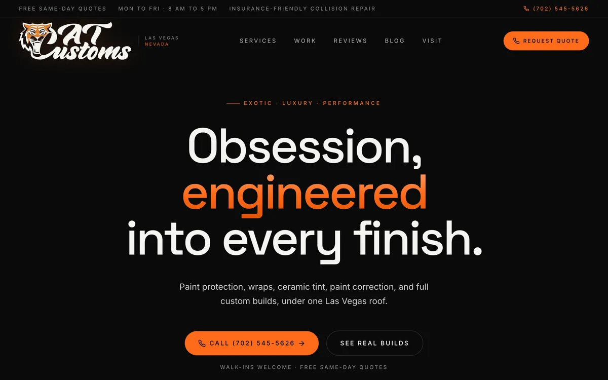 Homepage of atcustomslv.com, a Las Vegas automotive customization website designed by Delvixo with a dark hero and orange accents.