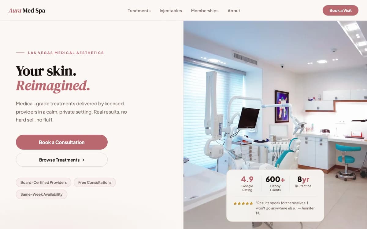 Demo website for a Las Vegas med spa designed by Delvixo with a warm cream and rose palette and elegant serif typography.