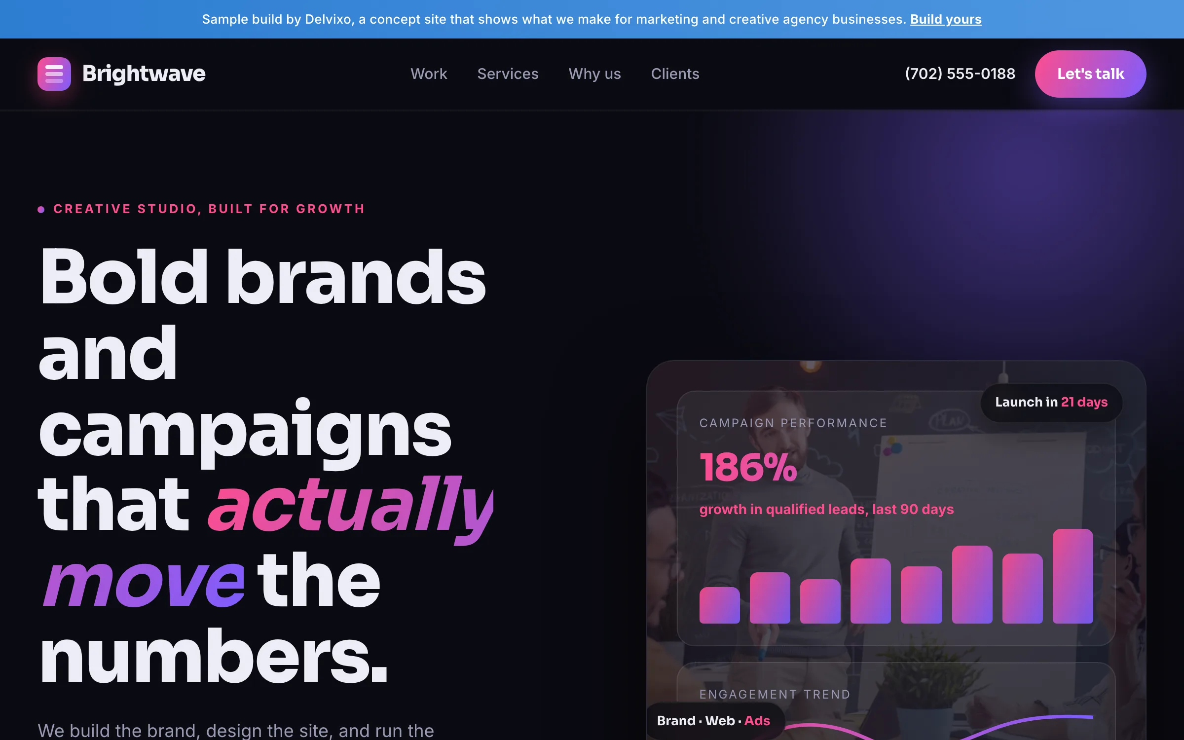 Sample creative agency website in near-black with a magenta to violet gradient headline and a campaign performance card.