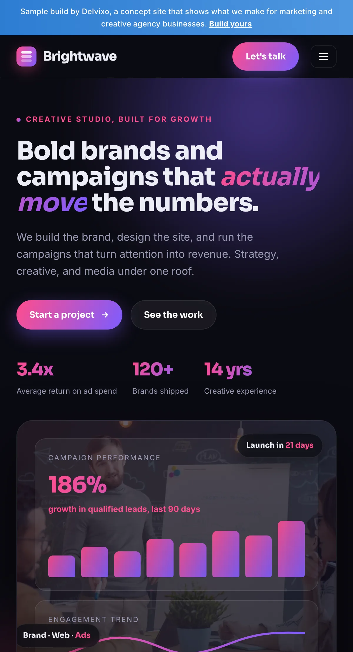 Brightwave website shown on a phone, designed and built by Delvixo