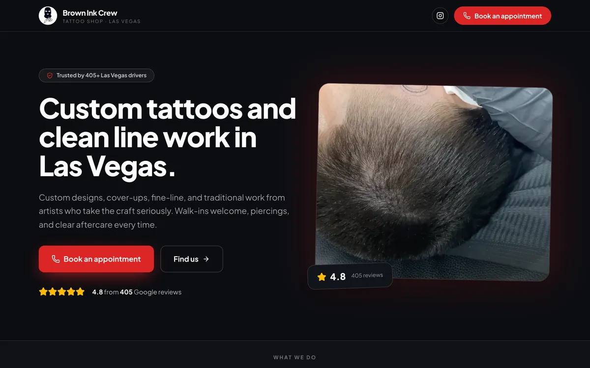 Homepage of a Las Vegas tattoo studio website designed by Delvixo, dark with a red accent and a book-online hero.