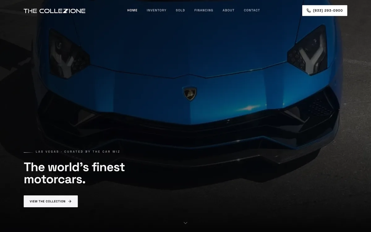 Homepage of The Collezione, a luxury exotic car dealership website built by Delvixo with a black and white tactical design and a Lamborghini hero.