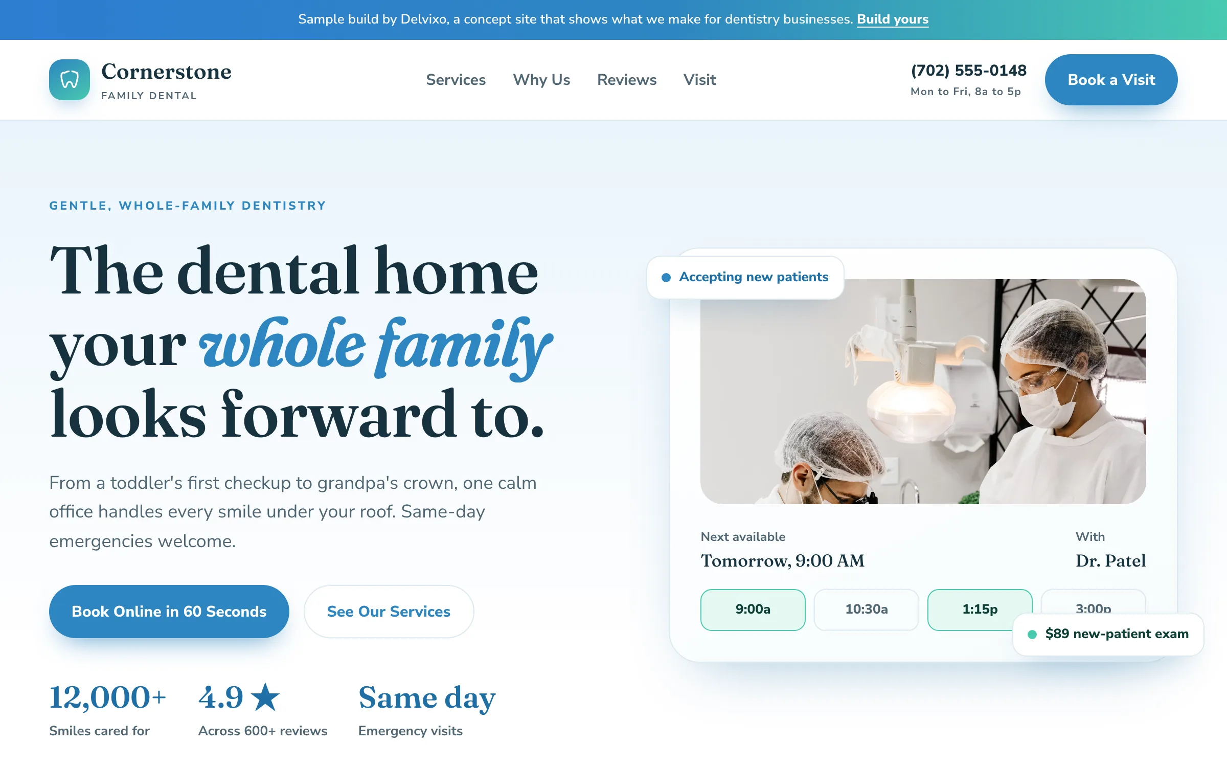Sample family dental website in sky blue and mint with a friendly headline and an online booking card.