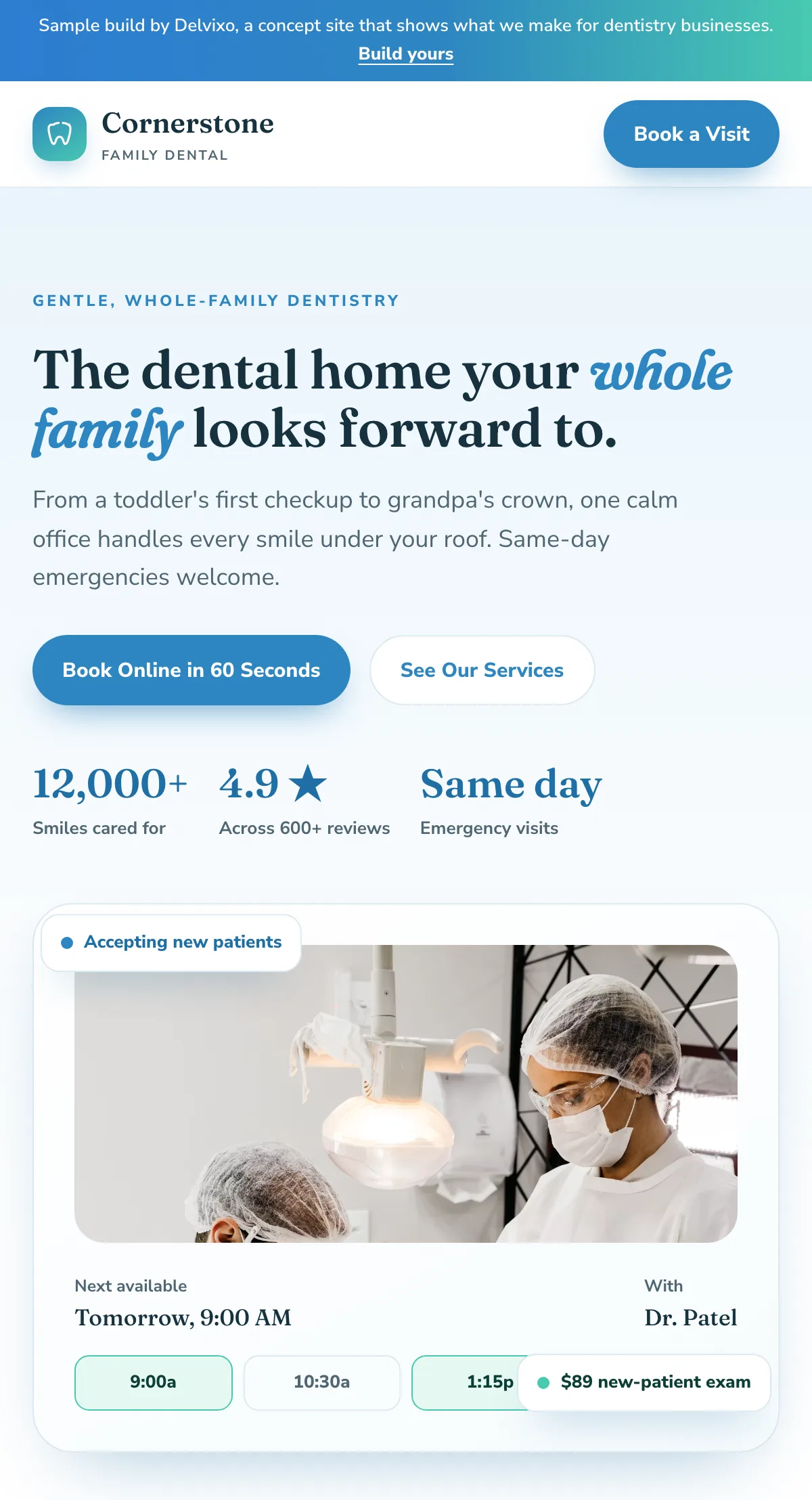 Cornerstone Family Dental website shown on a phone, designed and built by Delvixo