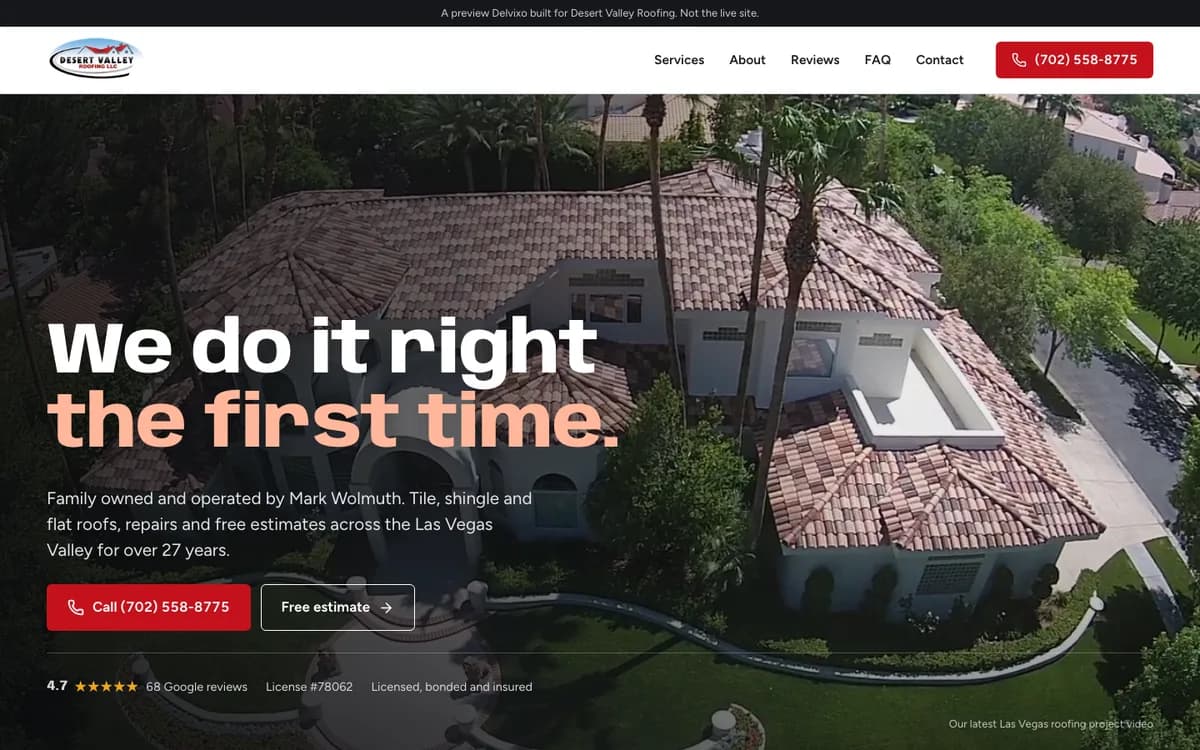 Roofing website on a desktop, designed and built by Delvixo