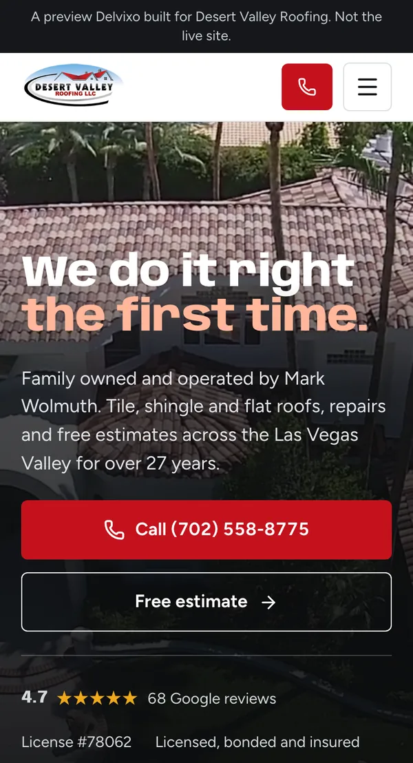 Roofing website on a phone