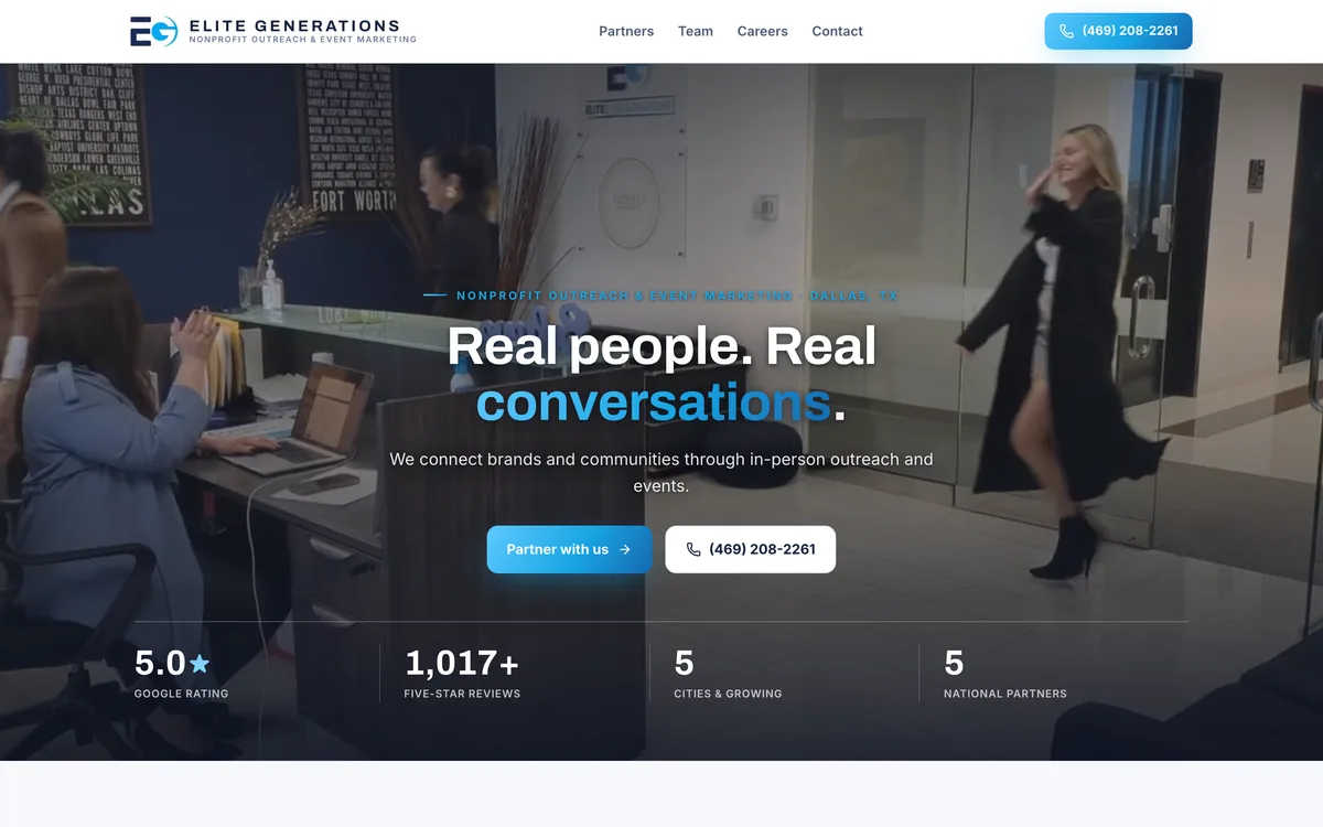 Homepage of Elite Generations, a Dallas nonprofit outreach and event marketing website built by Delvixo with a light design and office video hero.