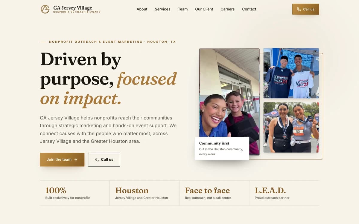 Homepage of gajerseyvillage.com, a nonprofit outreach and event marketing website designed by Delvixo with an ivory editorial layout, gold accents, and real team photography.