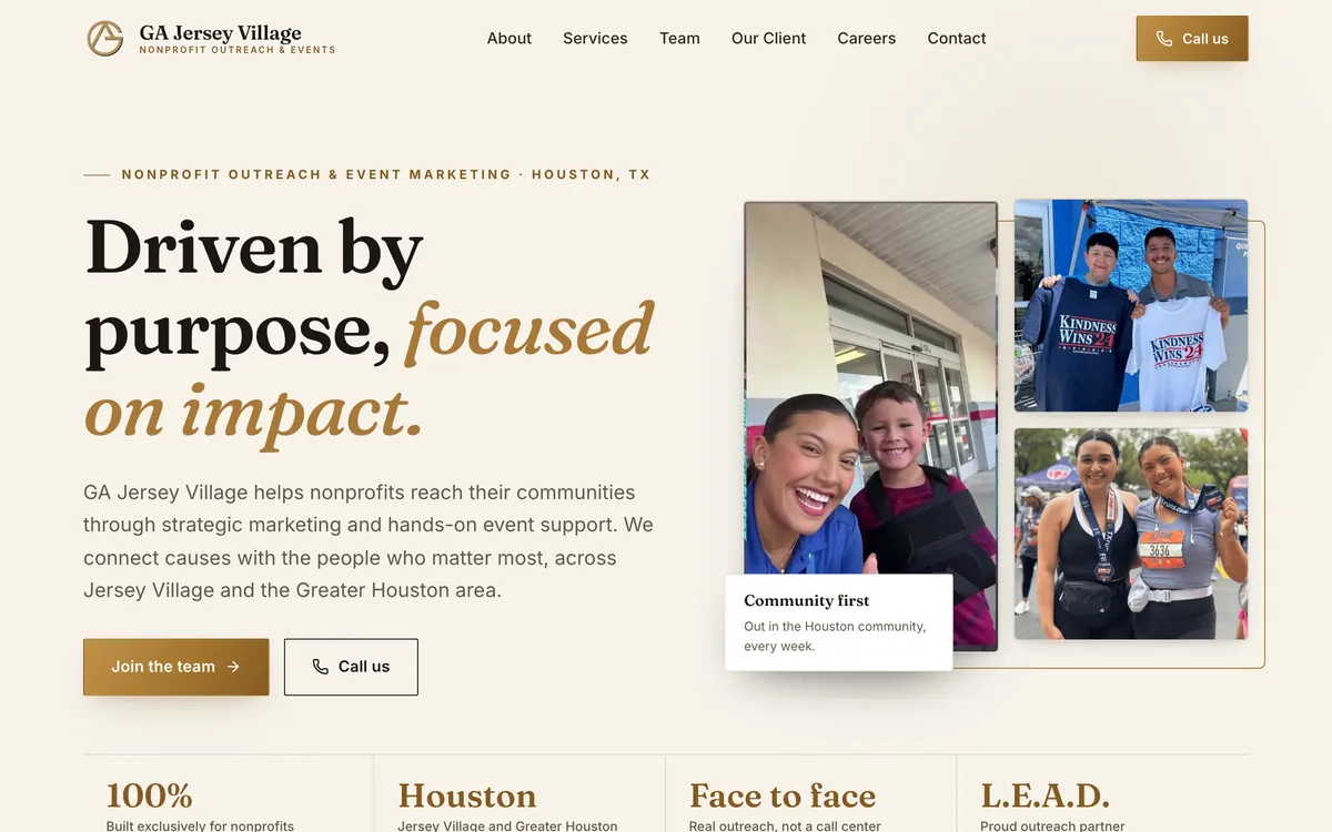 Nonprofit outreach & events website on a desktop, designed and built by Delvixo