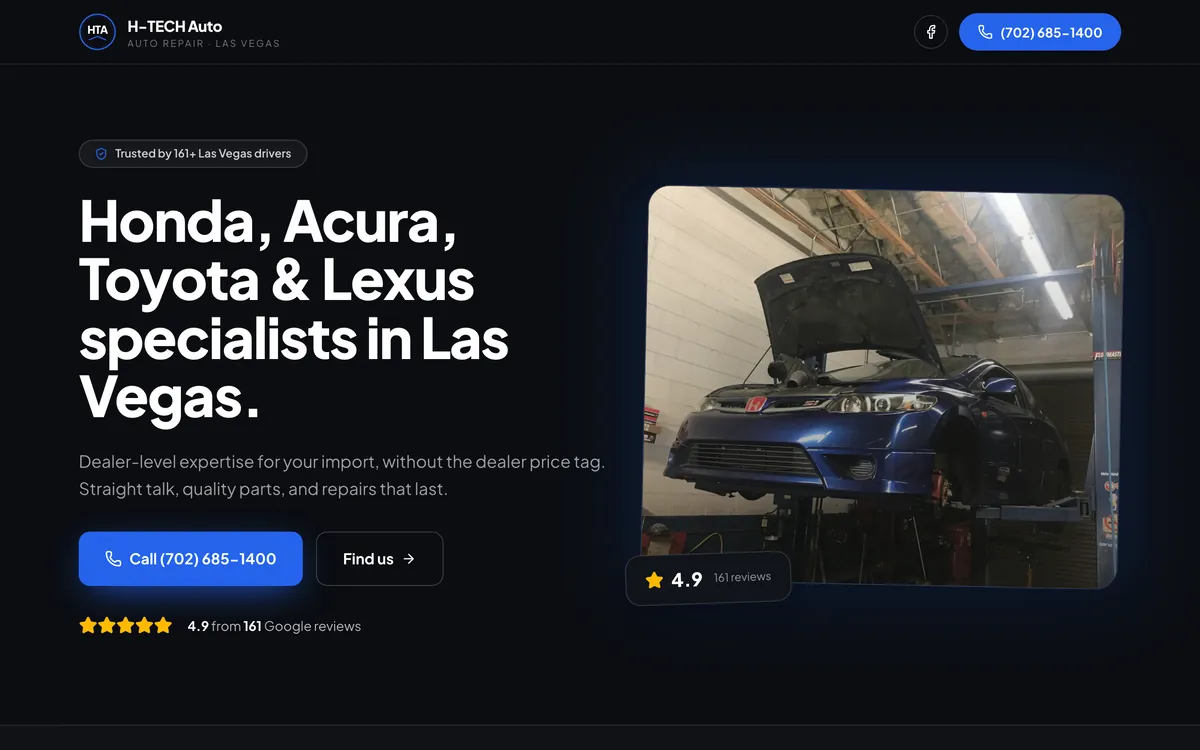 Homepage of a Las Vegas import auto specialist website designed by Delvixo, dark with a blue accent and a call-now hero.