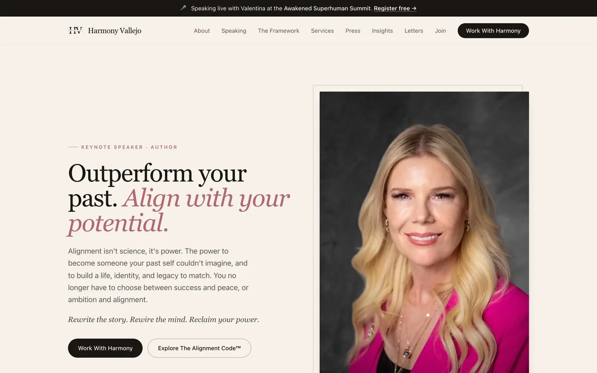 Homepage of harmonyvallejo.com, a keynote speaker website designed by Delvixo with an elegant serif headline and portrait hero.