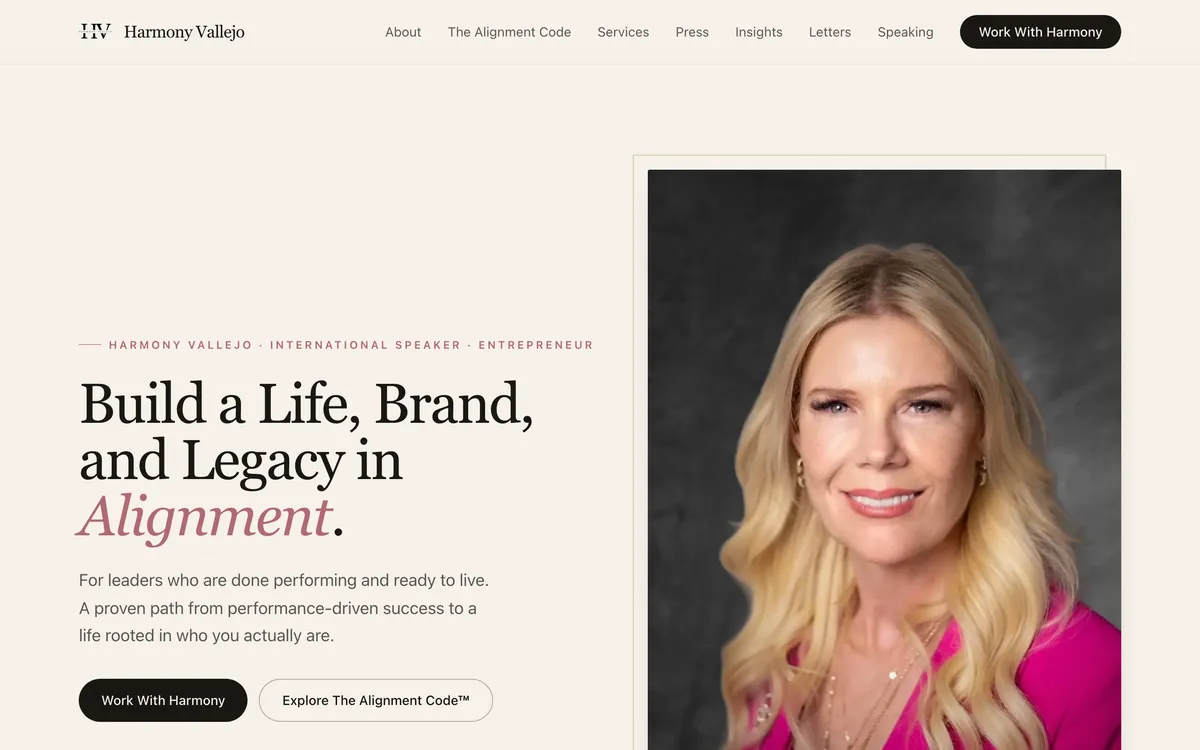Homepage of harmonyvallejo.com, a keynote speaker website designed by Delvixo with an elegant serif headline and portrait hero.