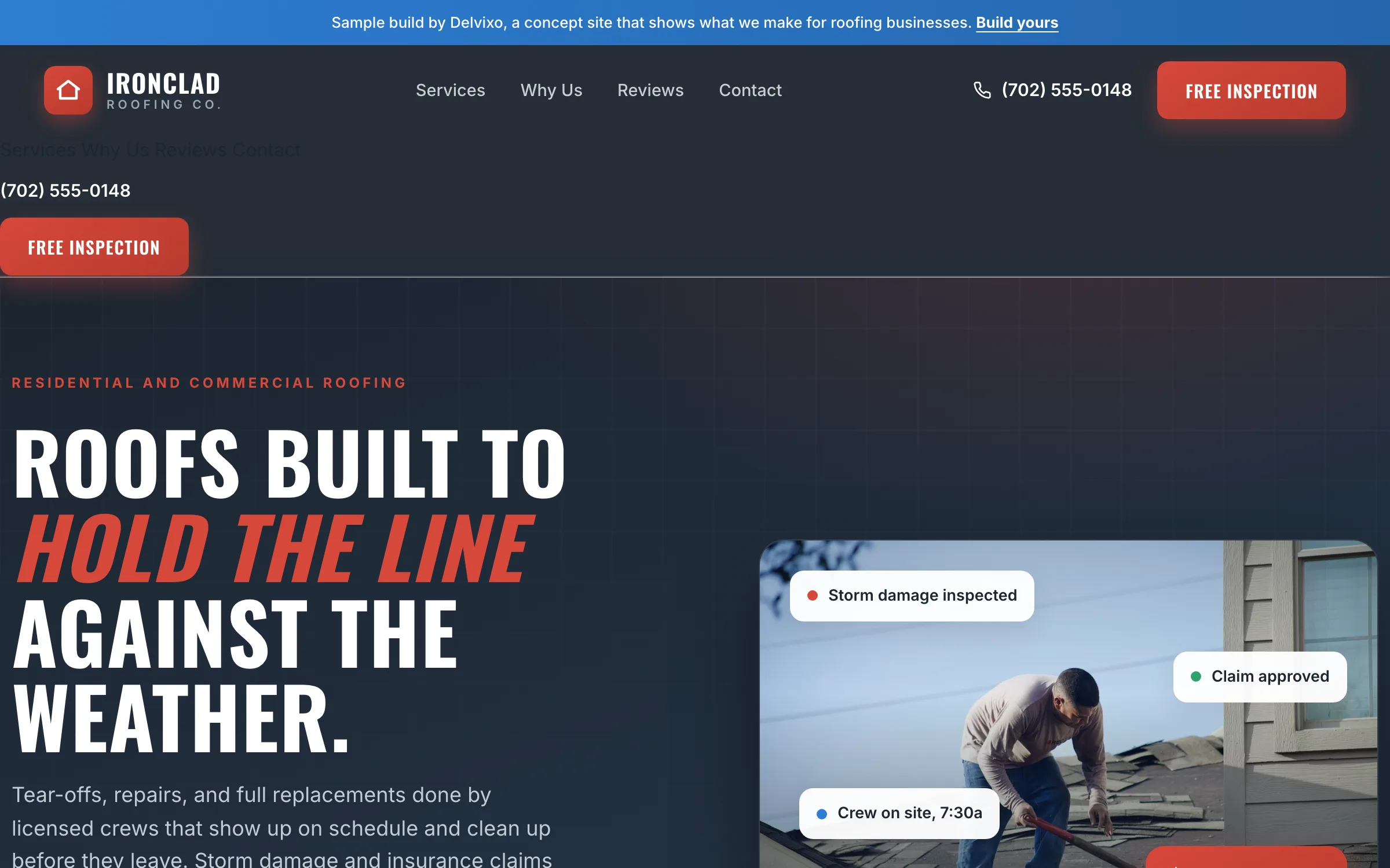 Sample roofing website in slate and red with a heavy condensed headline and a free inspection call to action.