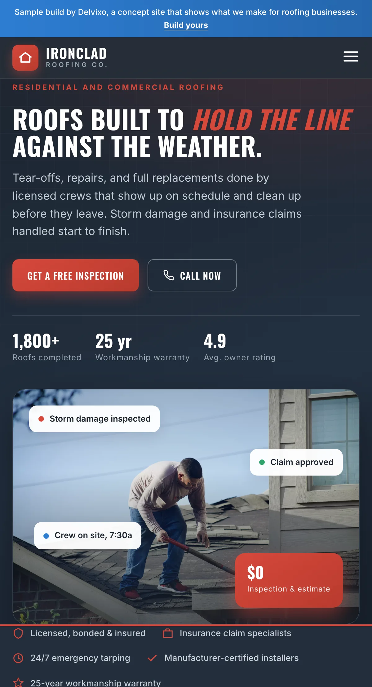 Ironclad Roofing website shown on a phone, designed and built by Delvixo