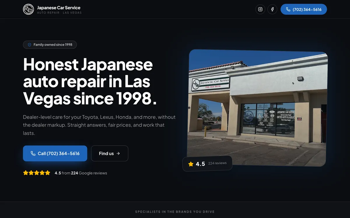 Homepage of a Las Vegas Japanese auto repair shop website designed by Delvixo, dark with a red accent and a click-to-call hero.