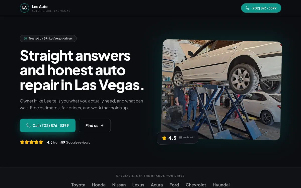 Homepage of a Las Vegas neighborhood auto repair shop website designed by Delvixo, dark with a teal accent.
