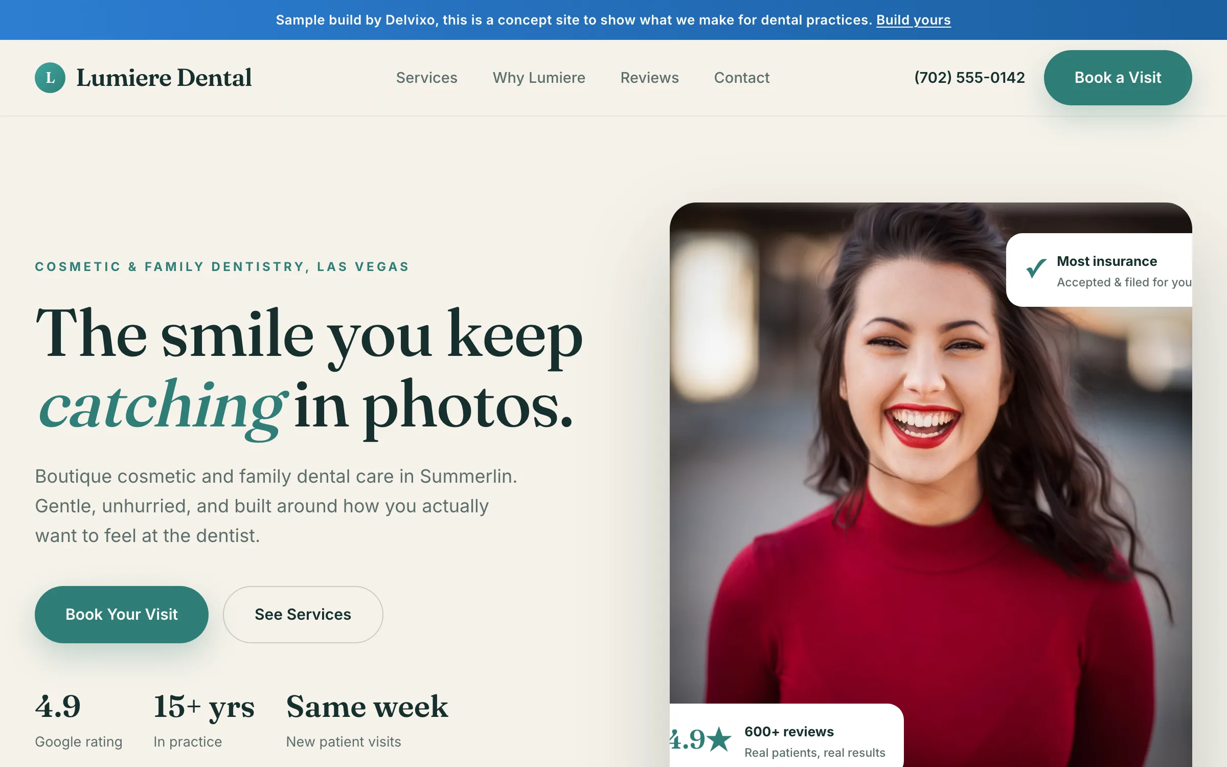 Sample cosmetic dental website in cream and teal with an elegant serif headline and a booking call to action.