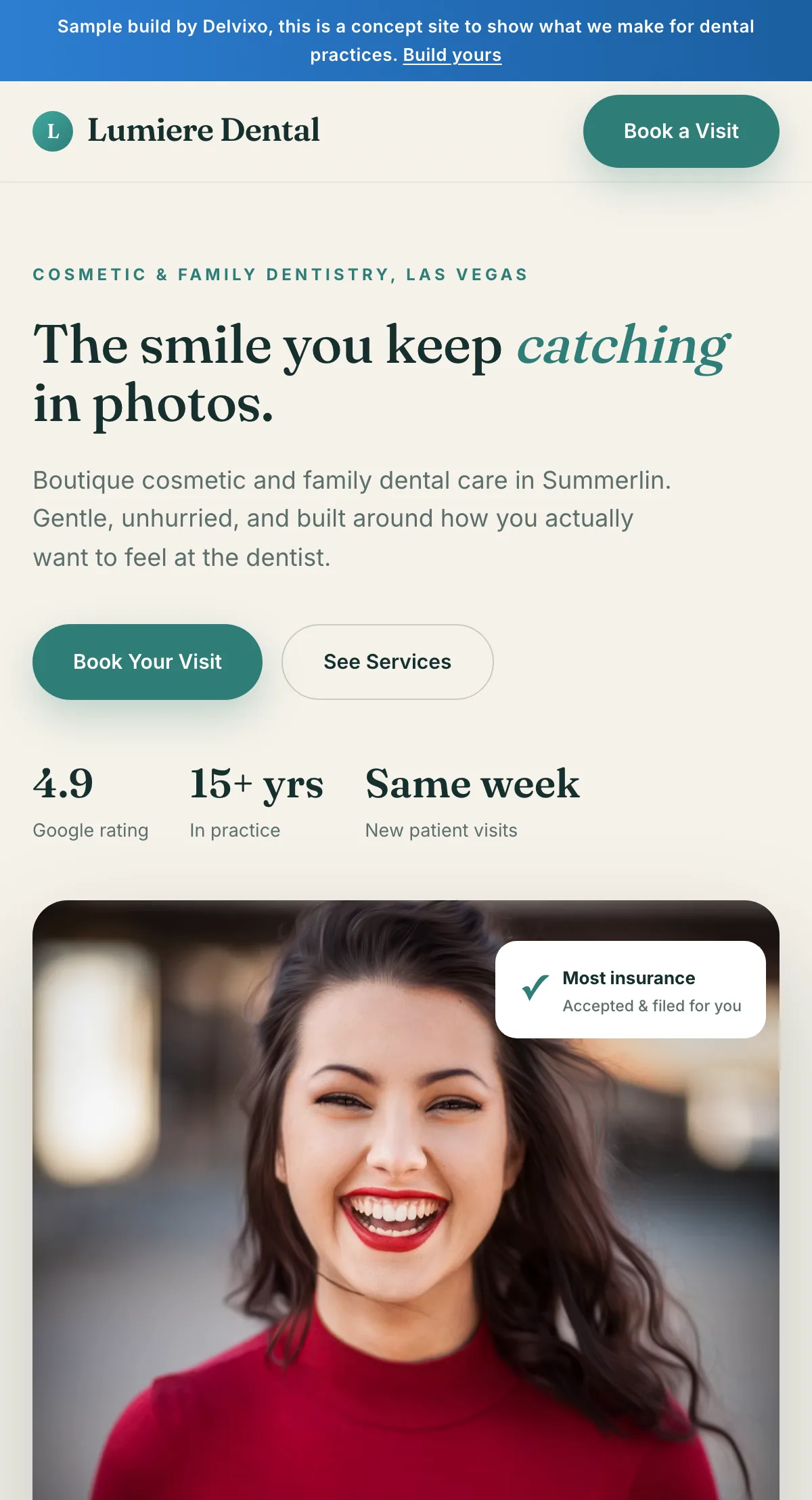 Lumiere Dental Studio website shown on a phone, designed and built by Delvixo