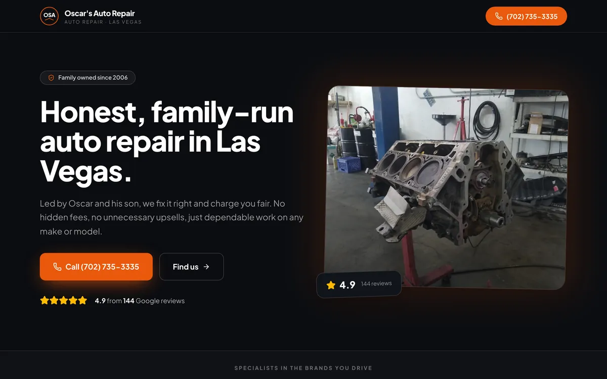 Homepage of a family-run Las Vegas auto repair shop website designed by Delvixo, dark with an orange accent.