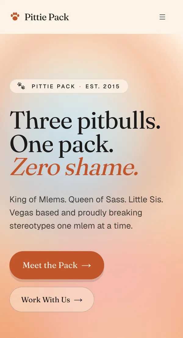 Pittie Pack website shown on a phone, designed and built by Delvixo