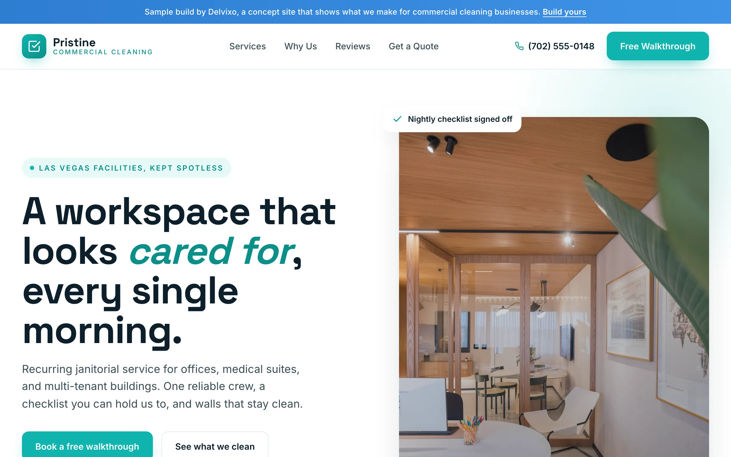 Sample commercial cleaning website in teal and deep ink with a service-report card and a free walkthrough quote CTA.