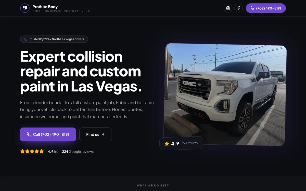 Homepage of a North Las Vegas collision repair and custom paint shop website designed by Delvixo, dark with a purple accent.