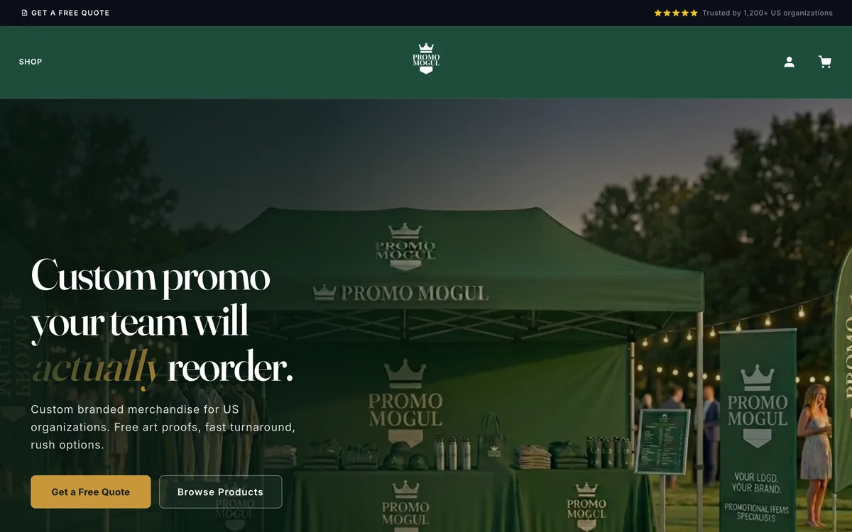 Homepage of promomogul.com, a promotional products e-commerce store built on Shopify with a dark green and warm cream design.