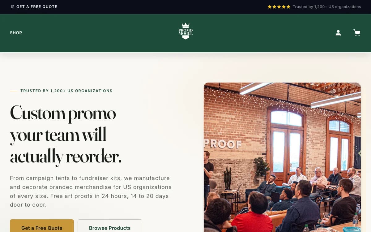 Homepage of promomogul.com, a promotional products e-commerce store built on Shopify with a dark green and warm cream design.