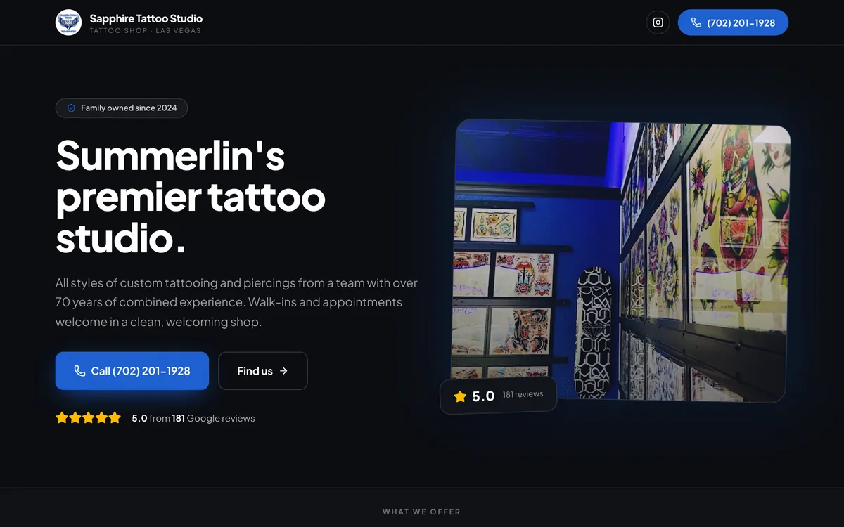 Homepage of a Summerlin tattoo studio website designed by Delvixo, dark with a blue accent and a clean editorial hero.