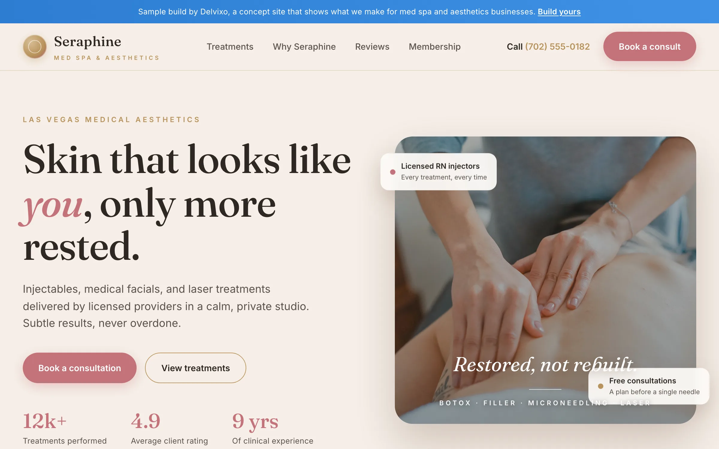 Sample med spa website in cream, rose, and gold with a serif headline and a booking-first layout.