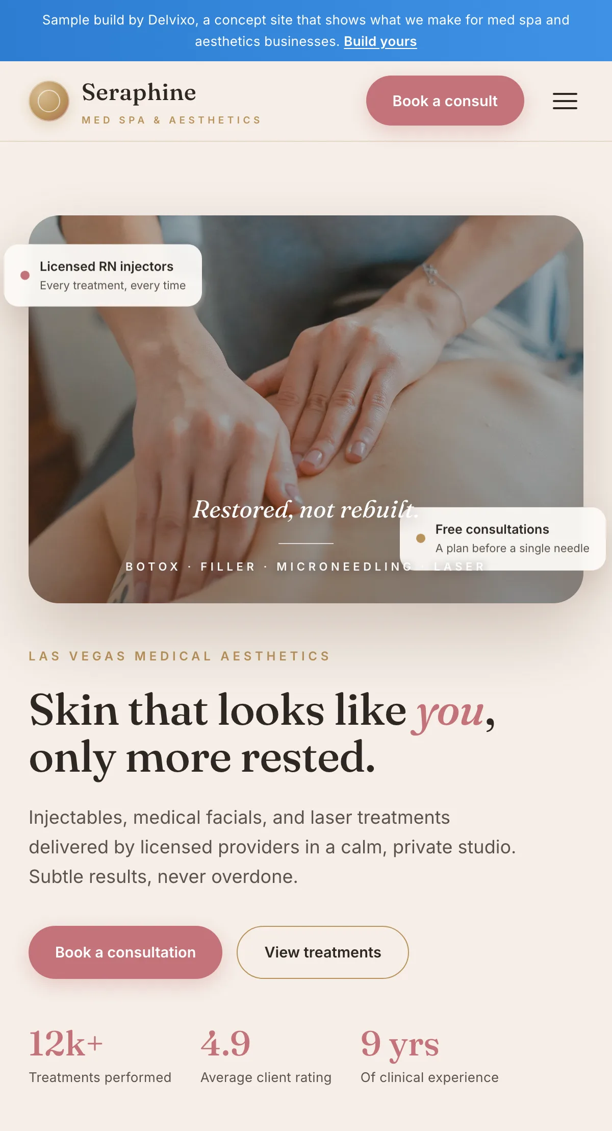 Seraphine Med Spa website shown on a phone, designed and built by Delvixo