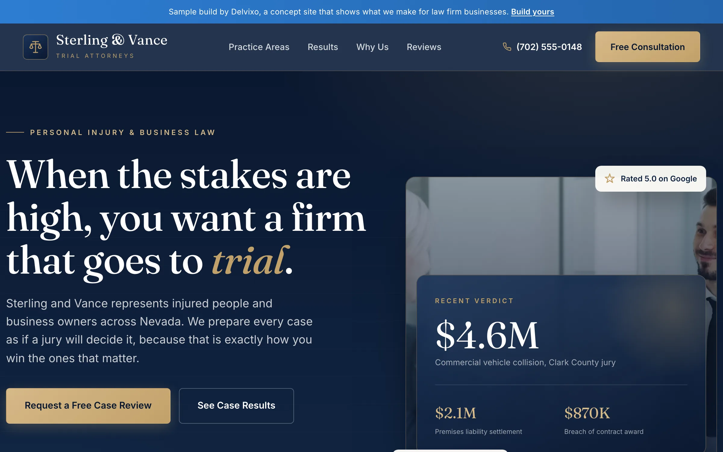Sample law firm website in deep navy and gold with an italic serif headline and a recent-verdict results card.