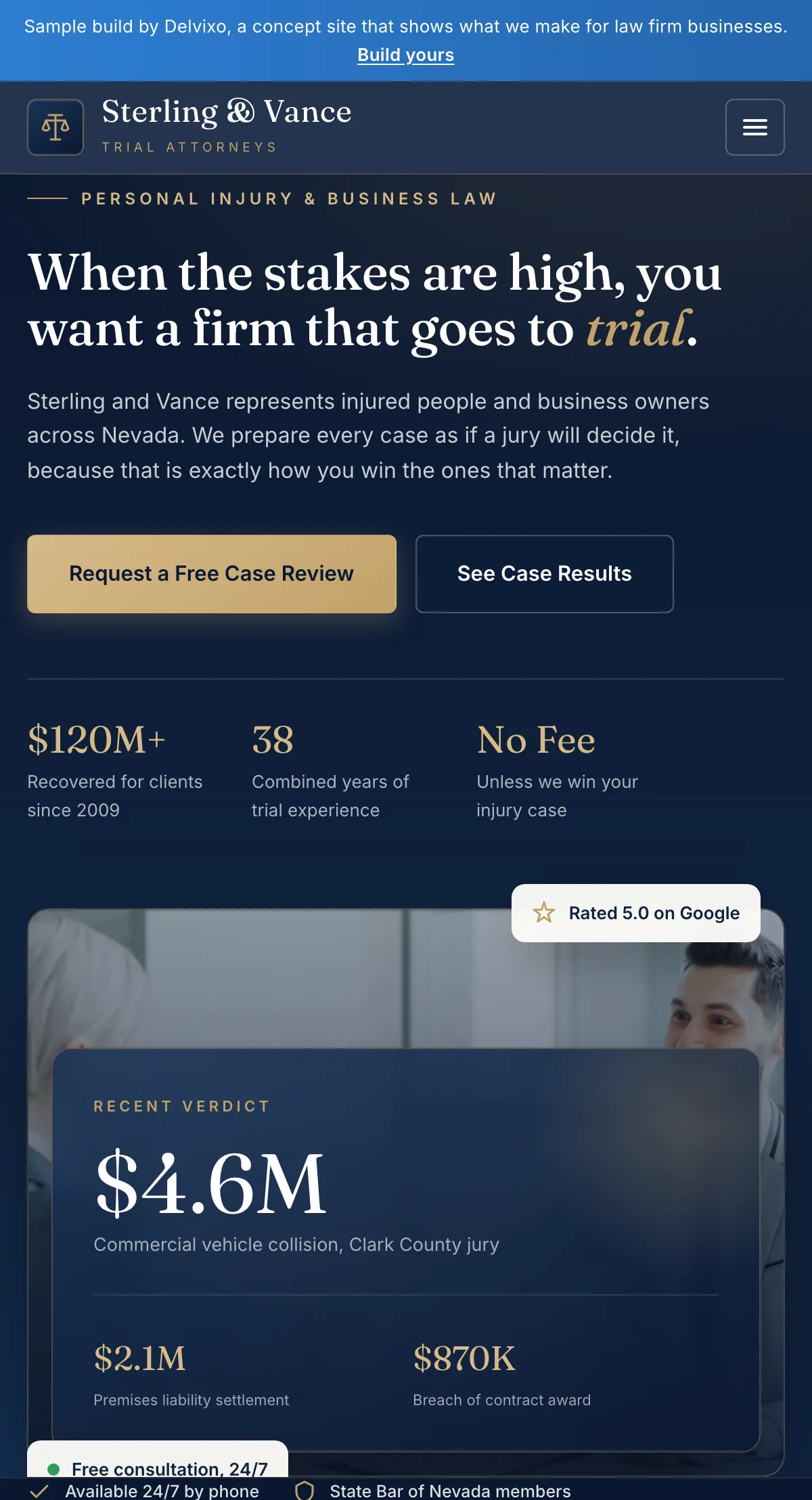 Sterling & Vance website shown on a phone, designed and built by Delvixo