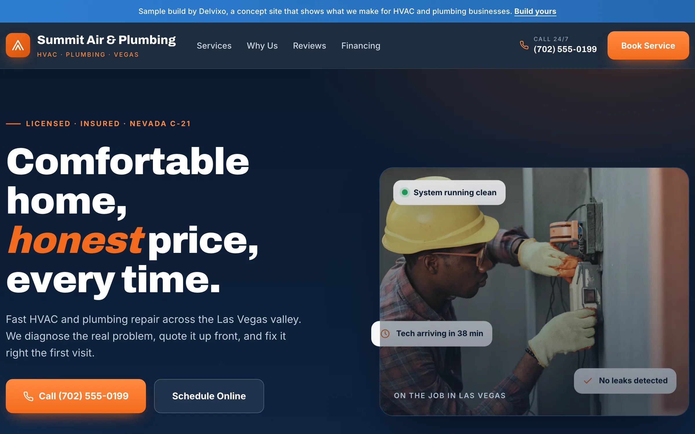 Sample HVAC and plumbing website in deep navy and safety orange with a bold hero and a 24/7 phone call to action.