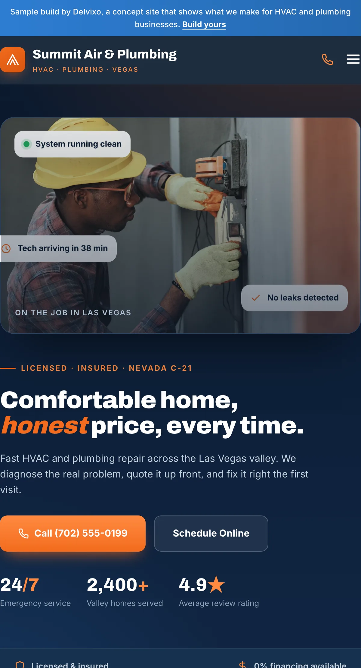 Summit Air & Plumbing website shown on a phone, designed and built by Delvixo