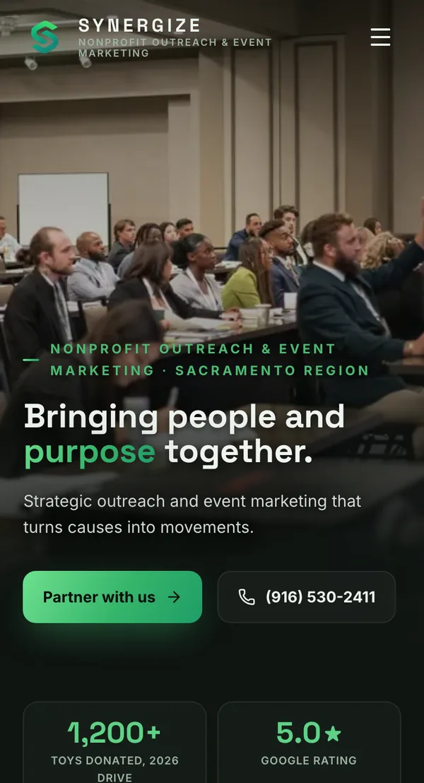 Synergize Inc. website shown on a phone, designed and built by Delvixo