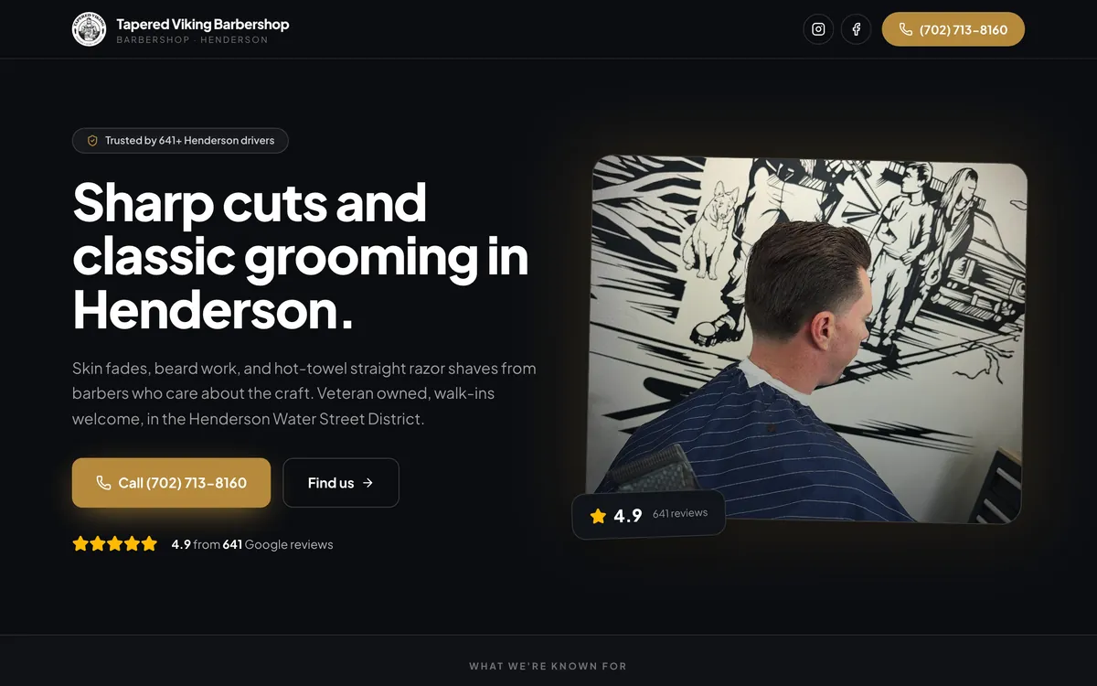 Homepage of a Henderson barbershop website designed by Delvixo, dark with a brass accent and a book-now hero.