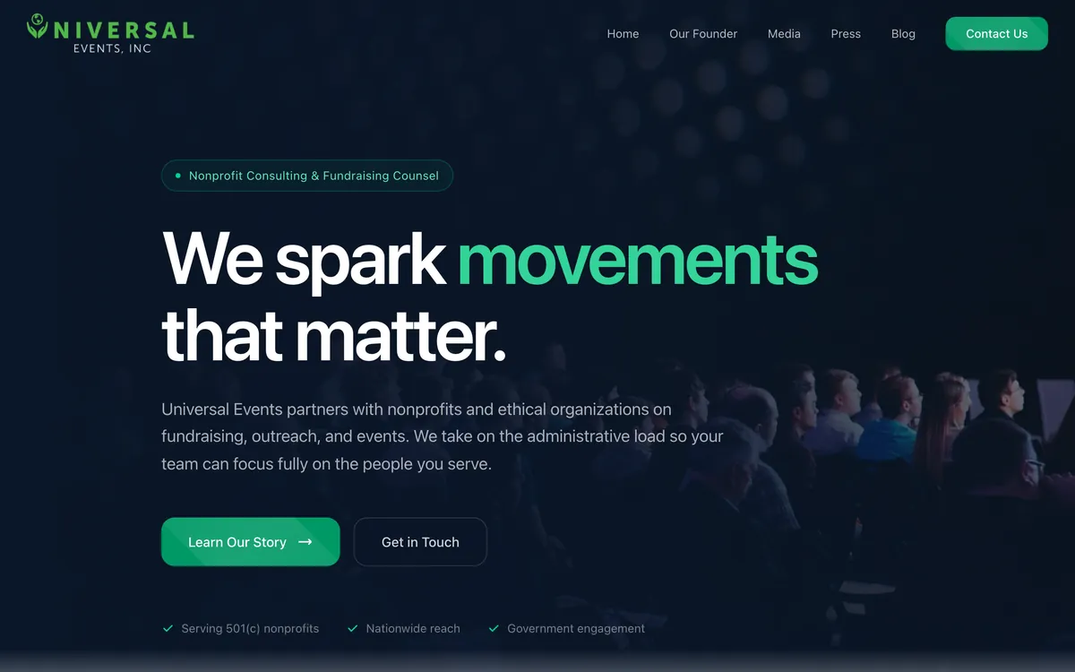 Homepage of universalevents-inc.com, a nonprofit consulting website designed by Delvixo with a dark hero and green accents.
