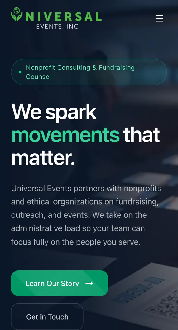Universal Events website shown on a phone, designed and built by Delvixo